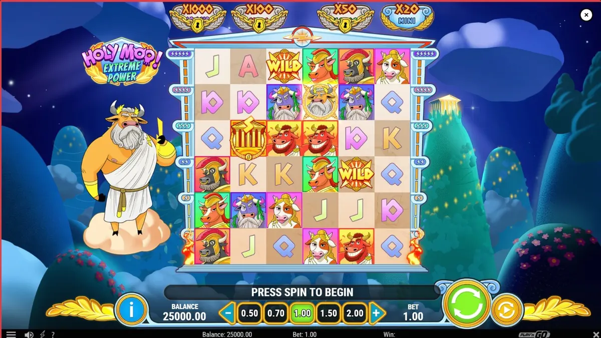 Tampilan visual slot Holy Moo! Extreme Power dengan karakter dewa sapi di Olympus