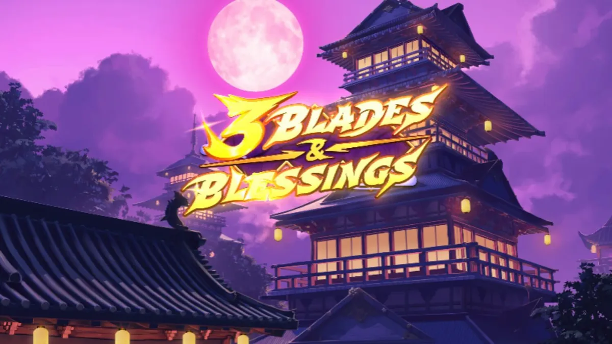 Tampilan visual slot 3 Blades & Blessings dengan tema ninja dan pagoda